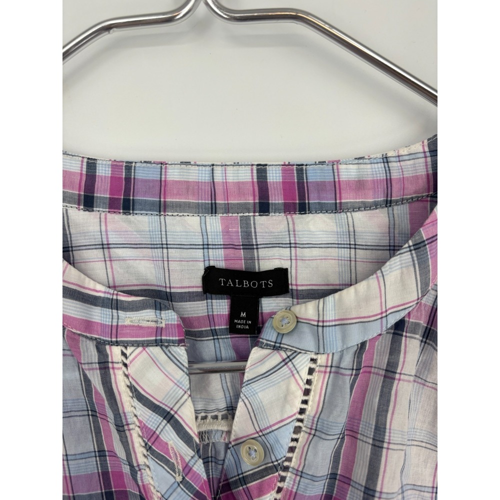 Talbots Blouse M Blue Purple Plaid 100% Cotton Peasant Popover Preppy - Picture 3 of 7